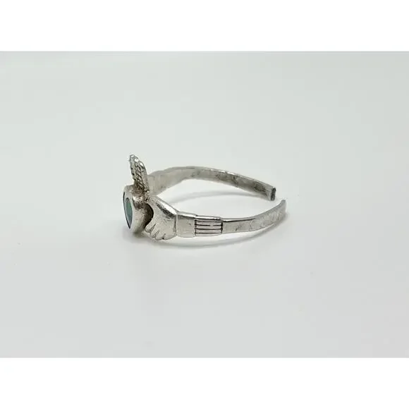 1970s Vintage Sterling Silver .925 & Blue Green Lapis Claddagh Ring, Size 7 - Picture 3 of 5